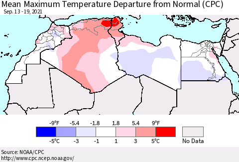 North Africa Mean Maximum Temperature Departure from Normal (CPC) Thematic Map For 9/13/2021 - 9/19/2021