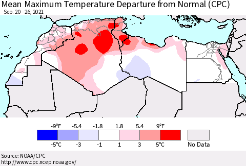 North Africa Mean Maximum Temperature Departure from Normal (CPC) Thematic Map For 9/20/2021 - 9/26/2021