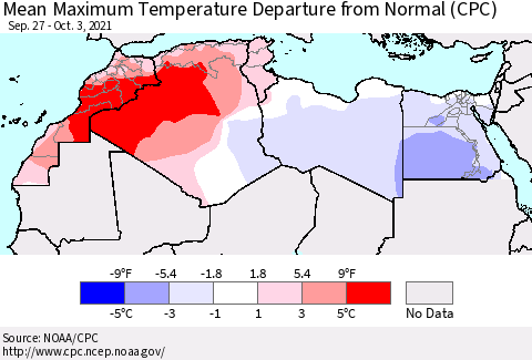 North Africa Mean Maximum Temperature Departure from Normal (CPC) Thematic Map For 9/27/2021 - 10/3/2021