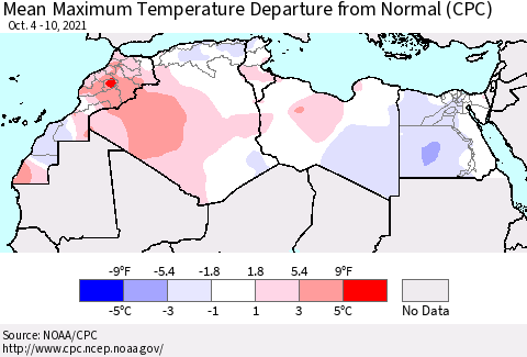 North Africa Mean Maximum Temperature Departure from Normal (CPC) Thematic Map For 10/4/2021 - 10/10/2021