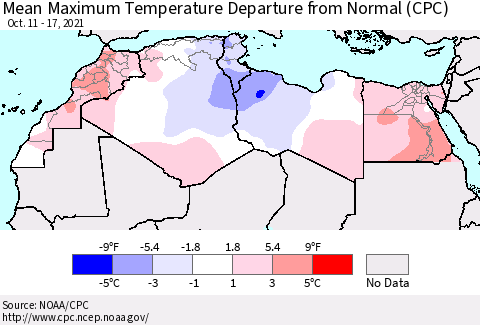 North Africa Mean Maximum Temperature Departure from Normal (CPC) Thematic Map For 10/11/2021 - 10/17/2021