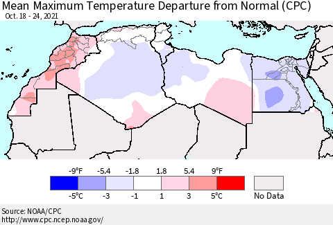 North Africa Mean Maximum Temperature Departure from Normal (CPC) Thematic Map For 10/18/2021 - 10/24/2021