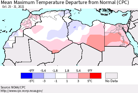 North Africa Mean Maximum Temperature Departure from Normal (CPC) Thematic Map For 10/25/2021 - 10/31/2021