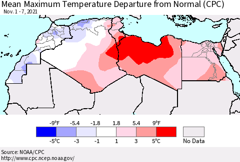 North Africa Mean Maximum Temperature Departure from Normal (CPC) Thematic Map For 11/1/2021 - 11/7/2021