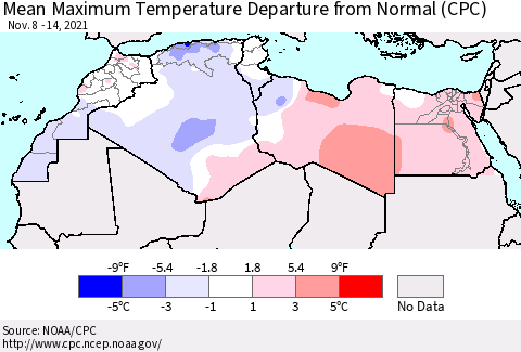 North Africa Mean Maximum Temperature Departure from Normal (CPC) Thematic Map For 11/8/2021 - 11/14/2021