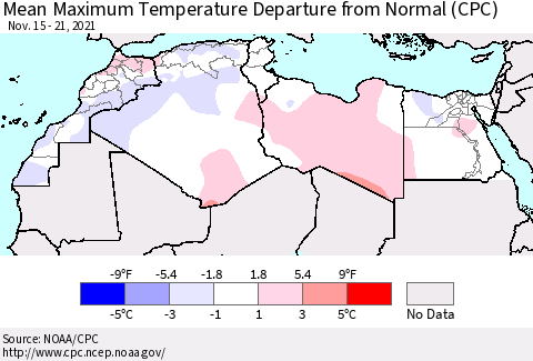 North Africa Mean Maximum Temperature Departure from Normal (CPC) Thematic Map For 11/15/2021 - 11/21/2021