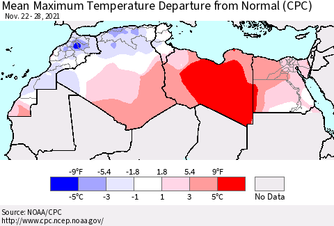 North Africa Mean Maximum Temperature Departure from Normal (CPC) Thematic Map For 11/22/2021 - 11/28/2021