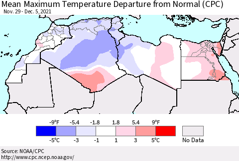 North Africa Mean Maximum Temperature Departure from Normal (CPC) Thematic Map For 11/29/2021 - 12/5/2021