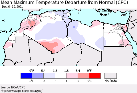 North Africa Mean Maximum Temperature Departure from Normal (CPC) Thematic Map For 12/6/2021 - 12/12/2021