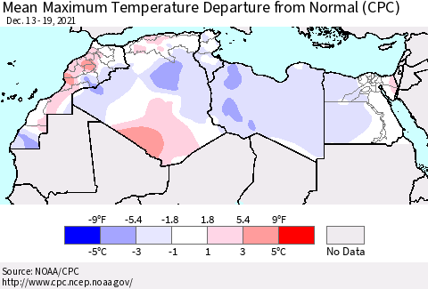 North Africa Mean Maximum Temperature Departure from Normal (CPC) Thematic Map For 12/13/2021 - 12/19/2021