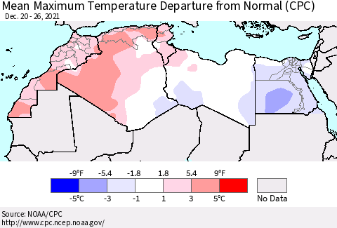 North Africa Mean Maximum Temperature Departure from Normal (CPC) Thematic Map For 12/20/2021 - 12/26/2021