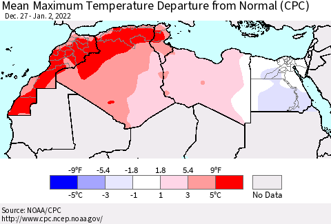 North Africa Mean Maximum Temperature Departure from Normal (CPC) Thematic Map For 12/27/2021 - 1/2/2022