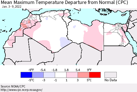 North Africa Mean Maximum Temperature Departure from Normal (CPC) Thematic Map For 1/3/2022 - 1/9/2022