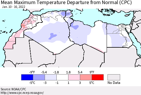 North Africa Mean Maximum Temperature Departure from Normal (CPC) Thematic Map For 1/10/2022 - 1/16/2022
