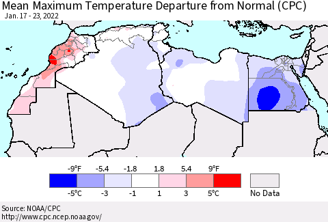 North Africa Mean Maximum Temperature Departure from Normal (CPC) Thematic Map For 1/17/2022 - 1/23/2022
