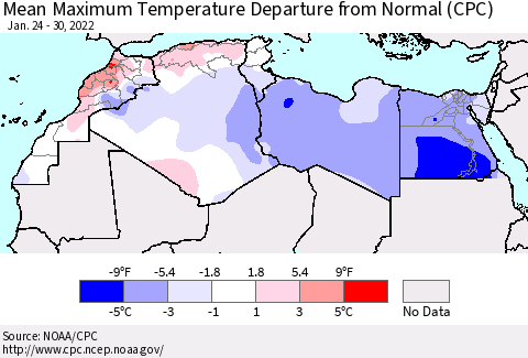North Africa Mean Maximum Temperature Departure from Normal (CPC) Thematic Map For 1/24/2022 - 1/30/2022