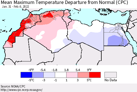 North Africa Mean Maximum Temperature Departure from Normal (CPC) Thematic Map For 1/31/2022 - 2/6/2022