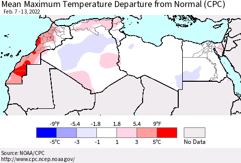 North Africa Mean Maximum Temperature Departure from Normal (CPC) Thematic Map For 2/7/2022 - 2/13/2022