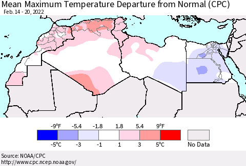 North Africa Mean Maximum Temperature Departure from Normal (CPC) Thematic Map For 2/14/2022 - 2/20/2022
