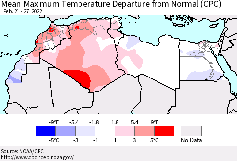 North Africa Mean Maximum Temperature Departure from Normal (CPC) Thematic Map For 2/21/2022 - 2/27/2022