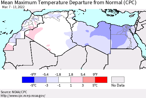 North Africa Mean Maximum Temperature Departure from Normal (CPC) Thematic Map For 3/7/2022 - 3/13/2022