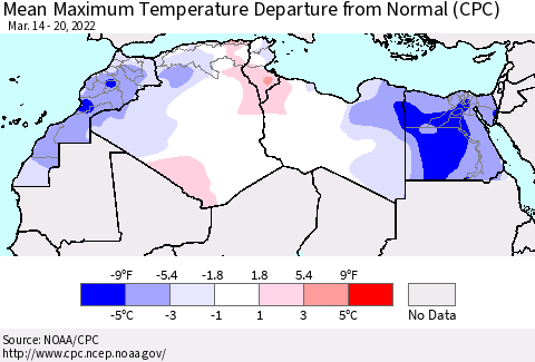 North Africa Mean Maximum Temperature Departure from Normal (CPC) Thematic Map For 3/14/2022 - 3/20/2022