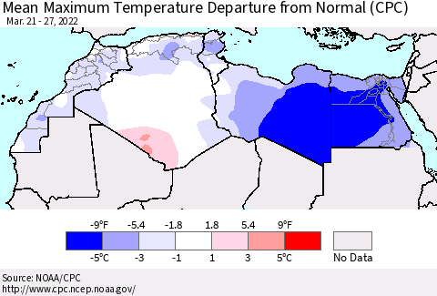 North Africa Mean Maximum Temperature Departure from Normal (CPC) Thematic Map For 3/21/2022 - 3/27/2022