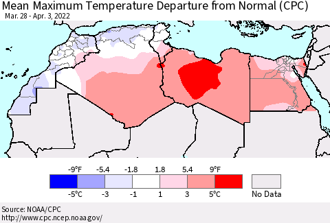 North Africa Mean Maximum Temperature Departure from Normal (CPC) Thematic Map For 3/28/2022 - 4/3/2022