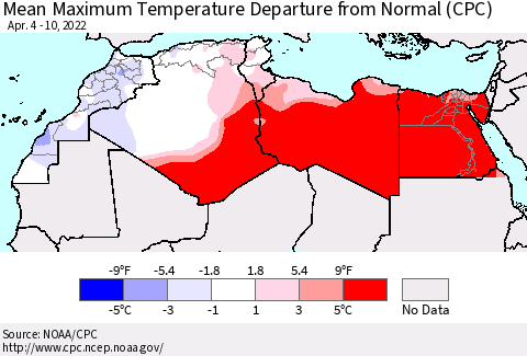 North Africa Mean Maximum Temperature Departure from Normal (CPC) Thematic Map For 4/4/2022 - 4/10/2022