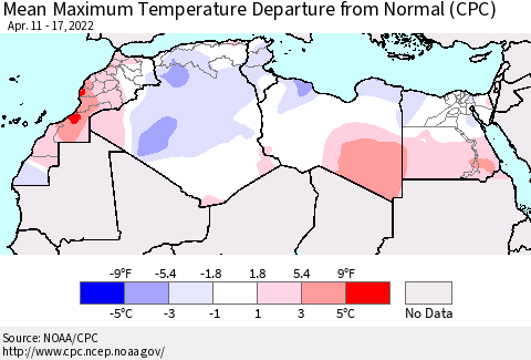North Africa Mean Maximum Temperature Departure from Normal (CPC) Thematic Map For 4/11/2022 - 4/17/2022