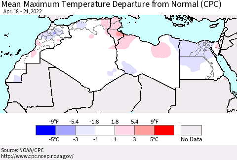 North Africa Mean Maximum Temperature Departure from Normal (CPC) Thematic Map For 4/18/2022 - 4/24/2022