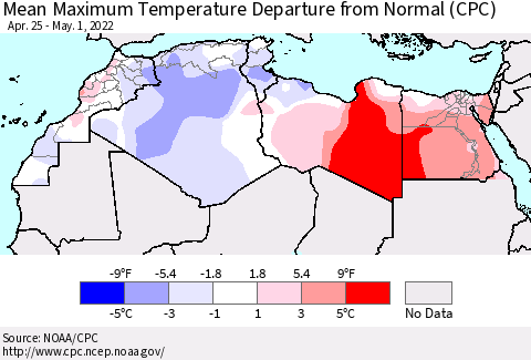 North Africa Mean Maximum Temperature Departure from Normal (CPC) Thematic Map For 4/25/2022 - 5/1/2022