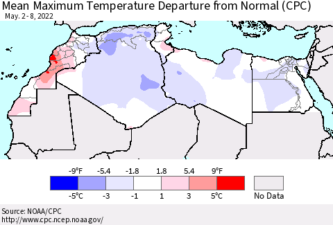 North Africa Mean Maximum Temperature Departure from Normal (CPC) Thematic Map For 5/2/2022 - 5/8/2022