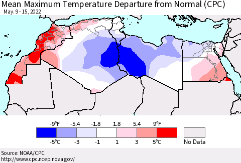 North Africa Mean Maximum Temperature Departure from Normal (CPC) Thematic Map For 5/9/2022 - 5/15/2022