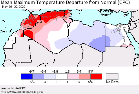 North Africa Mean Maximum Temperature Departure from Normal (CPC) Thematic Map For 5/16/2022 - 5/22/2022