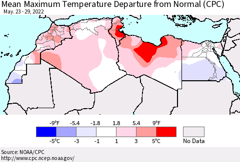 North Africa Mean Maximum Temperature Departure from Normal (CPC) Thematic Map For 5/23/2022 - 5/29/2022
