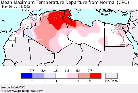 North Africa Mean Maximum Temperature Departure from Normal (CPC) Thematic Map For 5/30/2022 - 6/5/2022