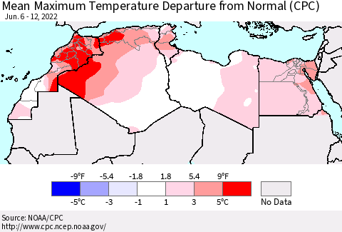 North Africa Mean Maximum Temperature Departure from Normal (CPC) Thematic Map For 6/6/2022 - 6/12/2022