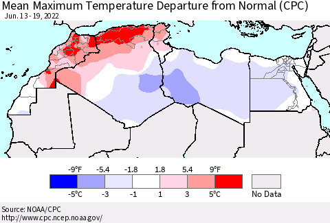 North Africa Mean Maximum Temperature Departure from Normal (CPC) Thematic Map For 6/13/2022 - 6/19/2022