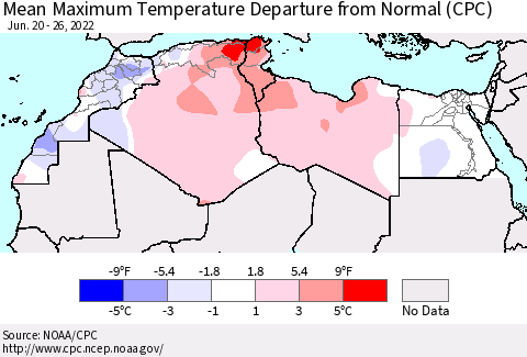North Africa Mean Maximum Temperature Departure from Normal (CPC) Thematic Map For 6/20/2022 - 6/26/2022