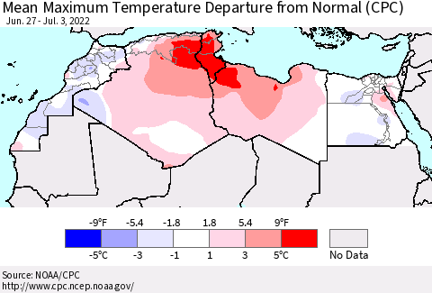 North Africa Mean Maximum Temperature Departure from Normal (CPC) Thematic Map For 6/27/2022 - 7/3/2022