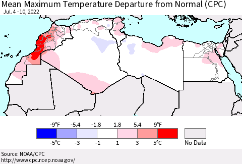 North Africa Mean Maximum Temperature Departure from Normal (CPC) Thematic Map For 7/4/2022 - 7/10/2022