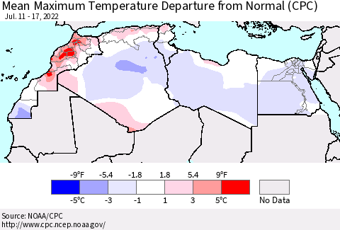 North Africa Mean Maximum Temperature Departure from Normal (CPC) Thematic Map For 7/11/2022 - 7/17/2022