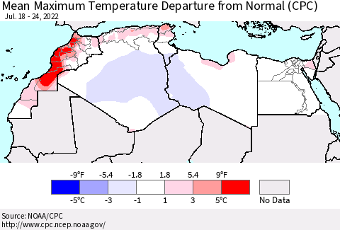 North Africa Mean Maximum Temperature Departure from Normal (CPC) Thematic Map For 7/18/2022 - 7/24/2022