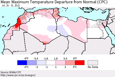 North Africa Mean Maximum Temperature Departure from Normal (CPC) Thematic Map For 7/25/2022 - 7/31/2022