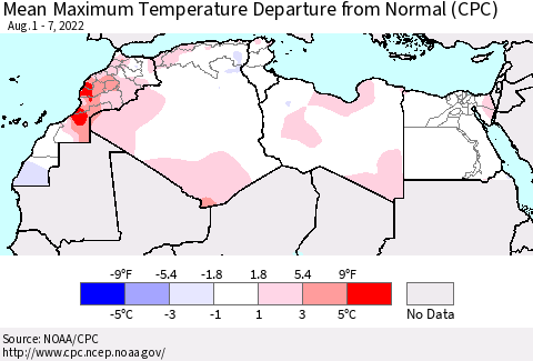 North Africa Mean Maximum Temperature Departure from Normal (CPC) Thematic Map For 8/1/2022 - 8/7/2022