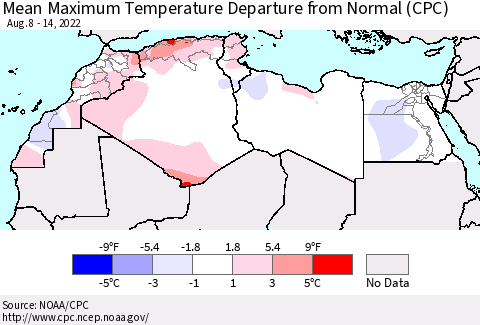 North Africa Mean Maximum Temperature Departure from Normal (CPC) Thematic Map For 8/8/2022 - 8/14/2022
