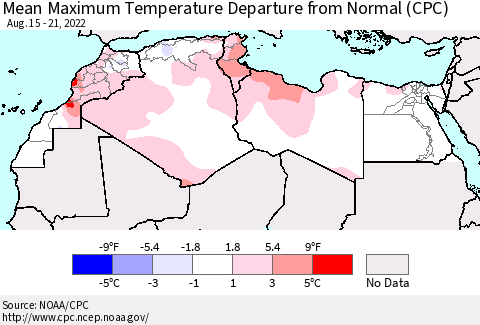 North Africa Mean Maximum Temperature Departure from Normal (CPC) Thematic Map For 8/15/2022 - 8/21/2022