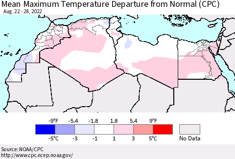 North Africa Mean Maximum Temperature Departure from Normal (CPC) Thematic Map For 8/22/2022 - 8/28/2022