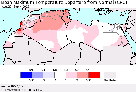 North Africa Mean Maximum Temperature Departure from Normal (CPC) Thematic Map For 8/29/2022 - 9/4/2022